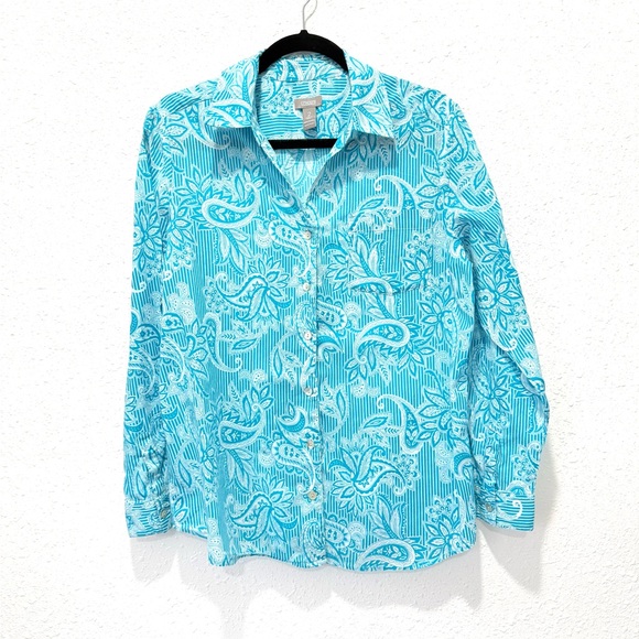 Chico's Tops - Chico's Turquoise and White Patterned Top L‎
